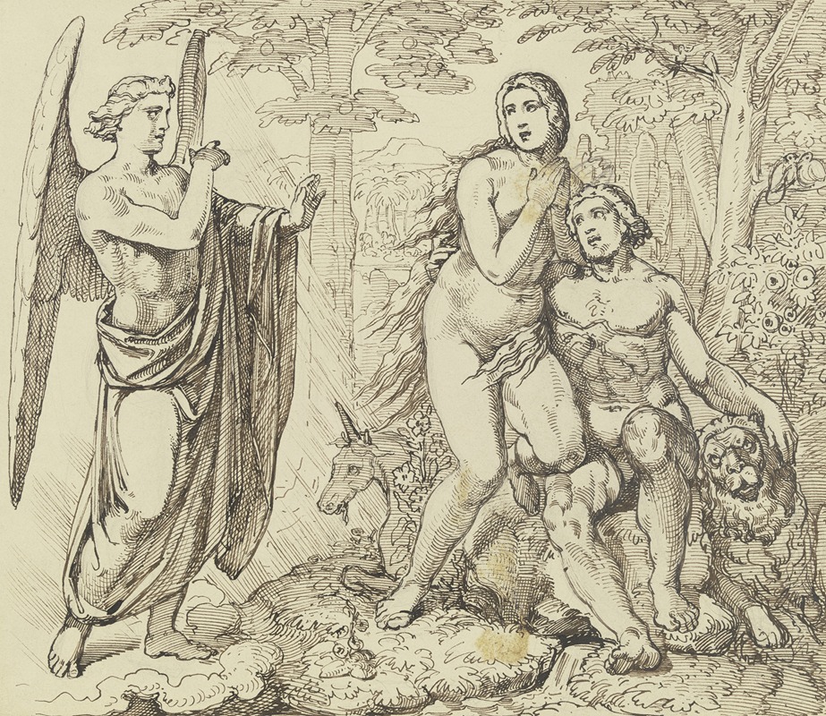 Ferdinand Fellner - Ein Engel überbringt Adam und Eva Gottes Verbot, vom Baum der Erkenntnis des Guten und Bösen zu essen