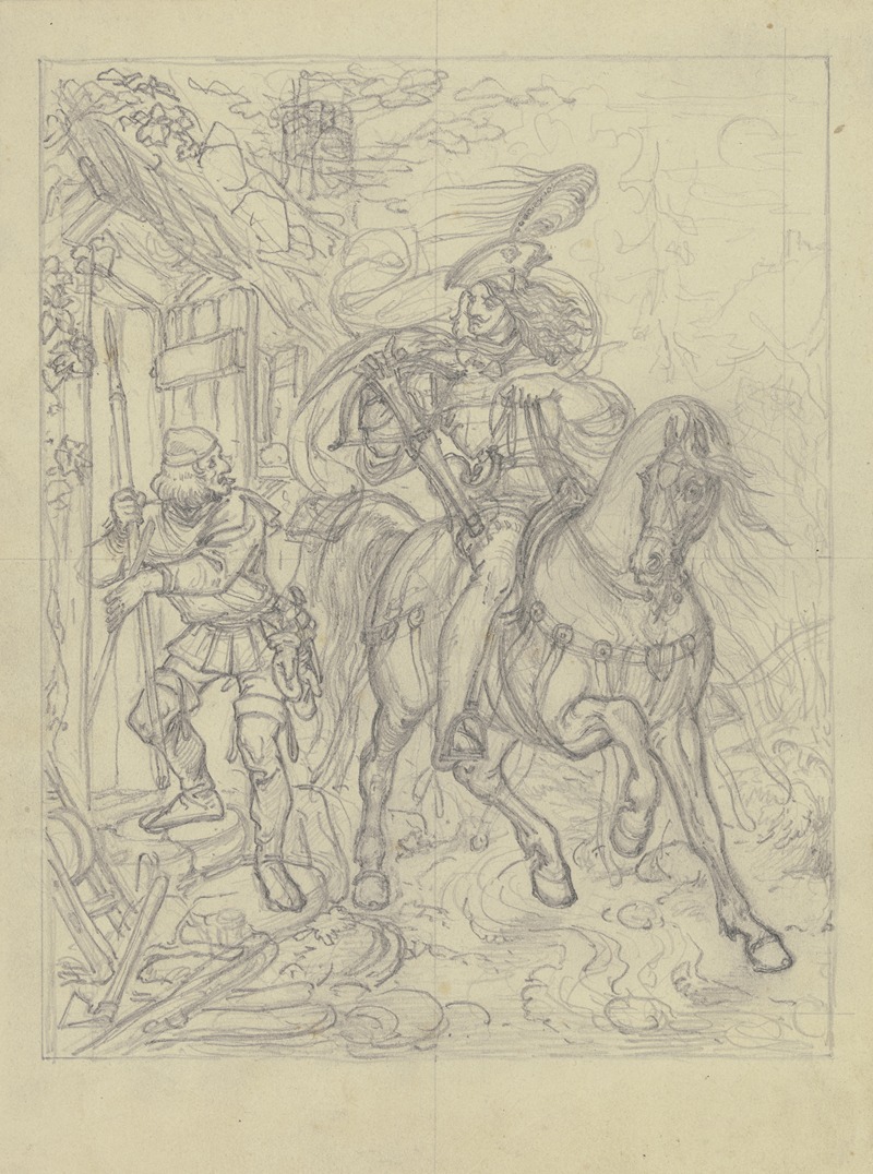 Ferdinand Fellner - Ungedeutete Szene; Ein Ritter mit Armbrust an einer Hütte haltend, ein Knappe betritt diese.