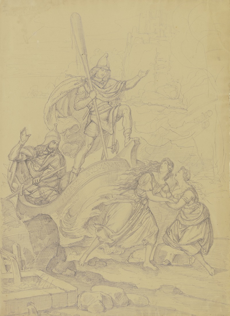 Ferdinand Fellner - Ungedeutete Szene; Zwei Ritter in einem anlandenden Kahn überraschen am Ufer zwei junge Frauen