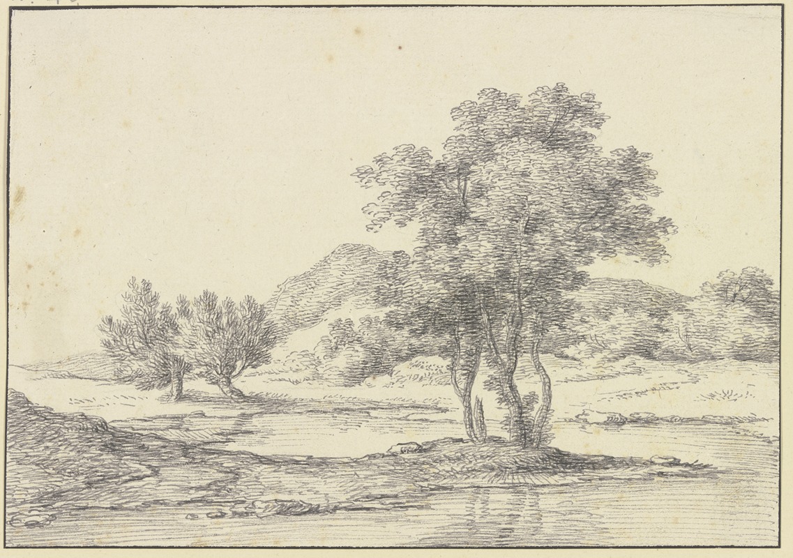 Ferdinand Kobell - Baumgruppe am Wasser, links zwei Weidenbäume, im Hintergrund Berge