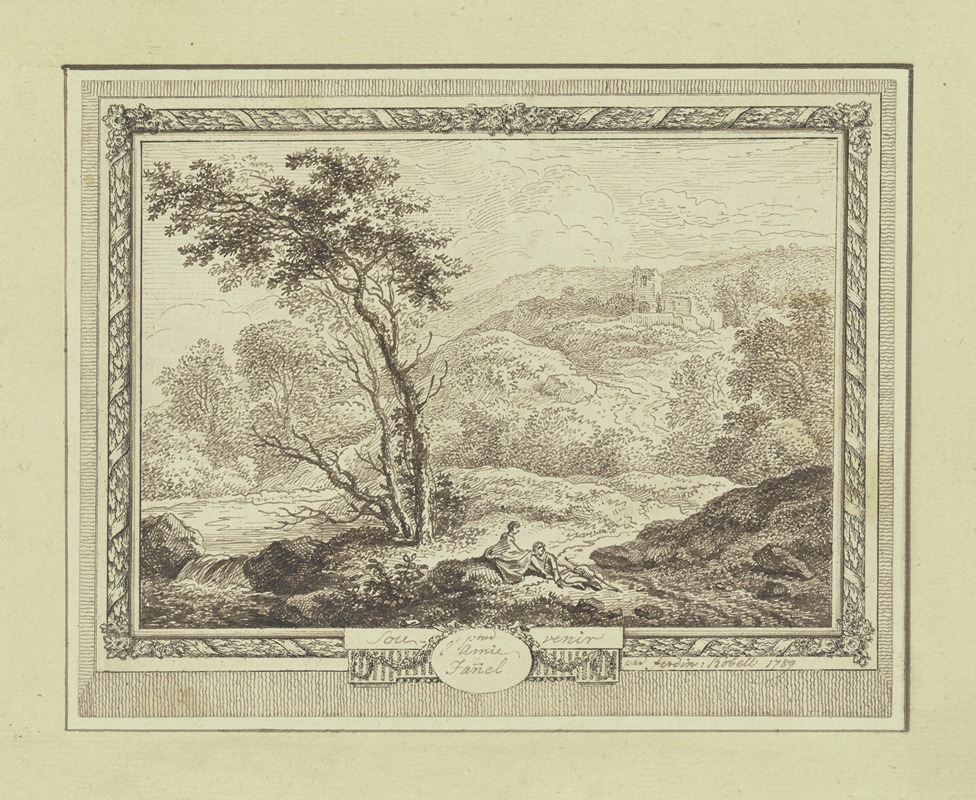 Ferdinand Kobell - Gebirgslandschaft mit einer Ruine und zwei unter einem Baum ruhenden Wanderern
