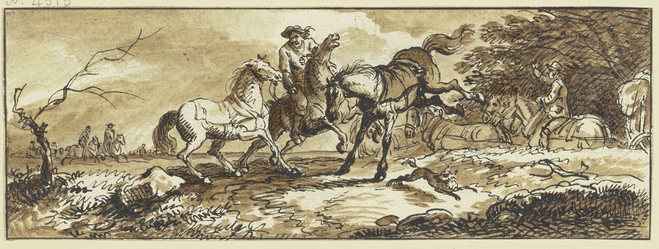 Ferdinand Kobell - Reiter mit zwei Handpferden, eines schlägt aus, im Hintergrund ein Fuhrwerk und andere Reiter