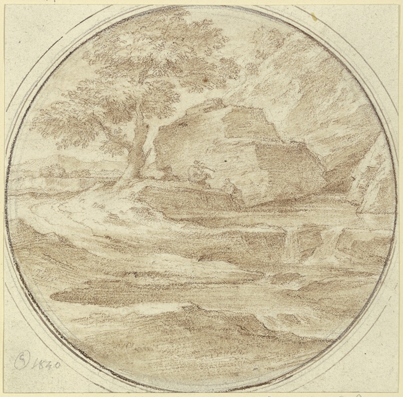 Ferdinand Olivier - Baum mit einem Felsen, unter welchem ein Hirte sitzt
