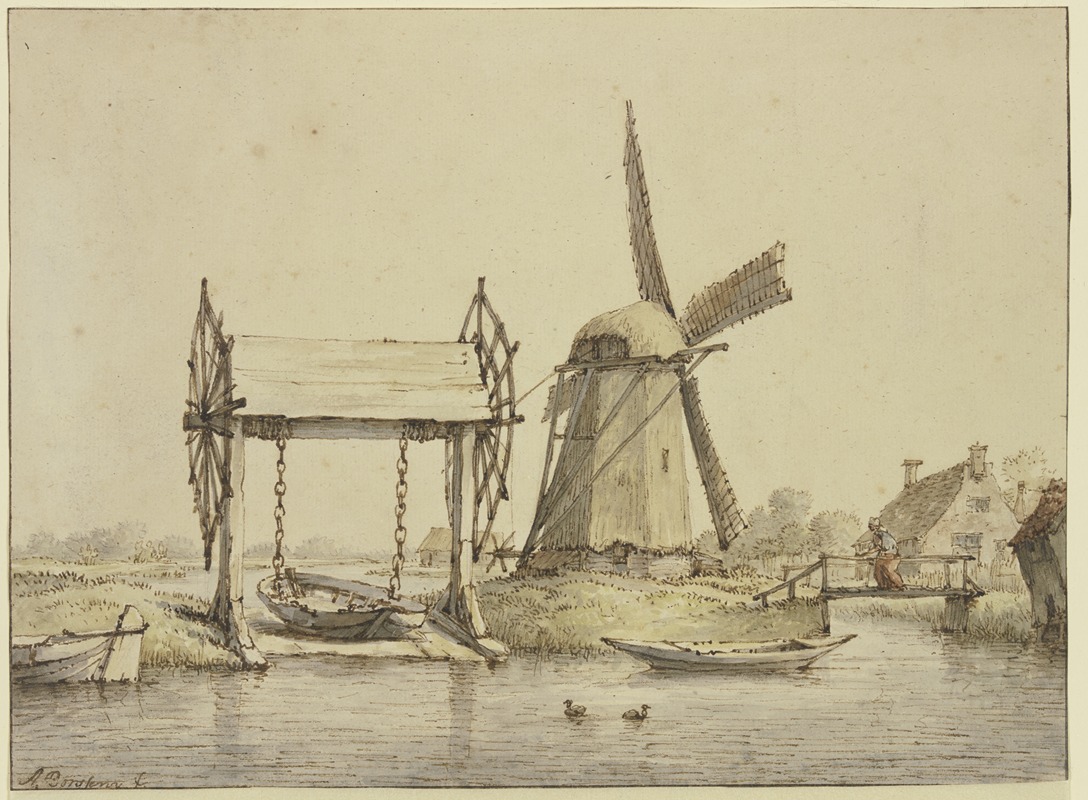 Anthonie van Borssom - Landschaft mit Schiffshebewerk und Mühle