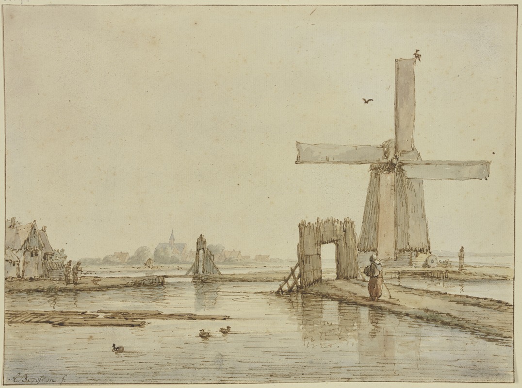 Anthonie van Borssom - Windmühle auf einem schmalen Damm, vorne drei Enten