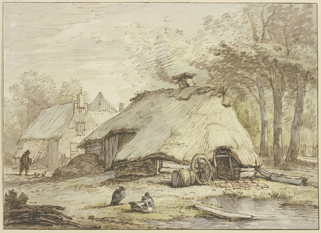 Anthonie van Borssom - Drei Hütten unter Bäumen, im Vordergrund drei sitzende Enten