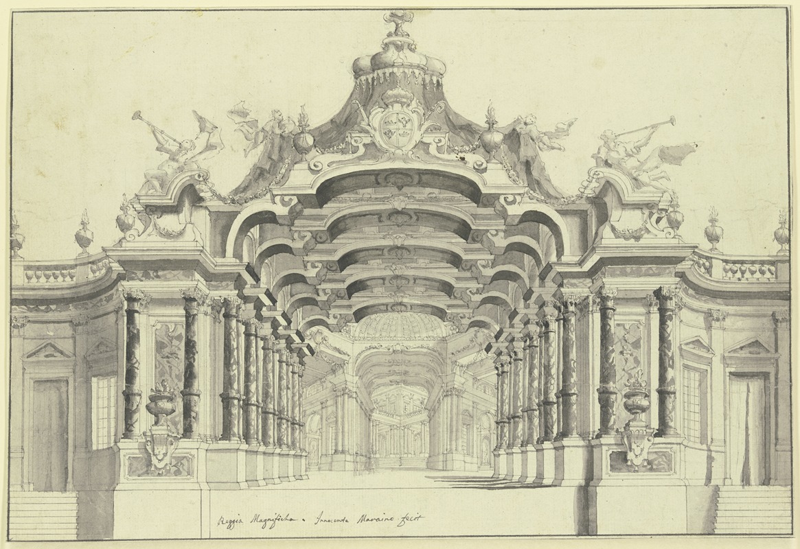 Ferdinando Galli Bibiena - Eine große Halle mit einem Baldachin überbaut, unter welchem ein Wappen zu sehen ist, rechts und links zwei Faune in Trompeten stoßend
