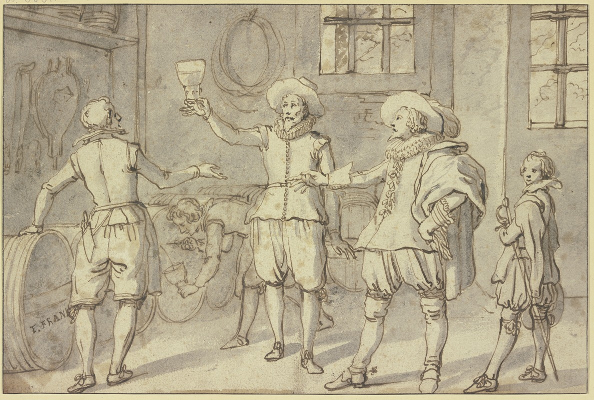 Frans Francken The Elder - Ein Kavalier gefolgt von seinem Pagen, der seinen Degen trägt, lässt in einem Keller Wein probieren
