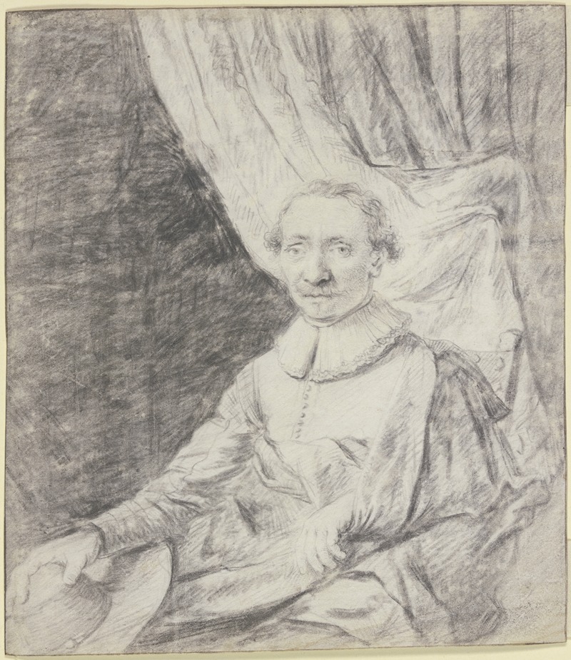Frans van Mieris the Elder - Porträt eines Mannes im Mantel, den Hut in der Hand, vor einem Vorhang sitzend