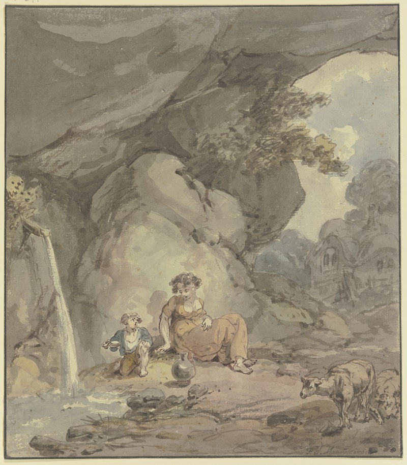 Franz Joseph Manskirsch - Junge Frau mit ihrem Kind an einer Felsenquelle rastend, rechts zwei Schafe