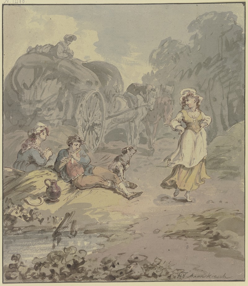 Franz Joseph Manskirsch - Schnitter und Schnitterin bei einem Erntewagen rastend, vor ihnen ein junges Mädchen, das zum Flötenspiel des Schnitters tanzt
