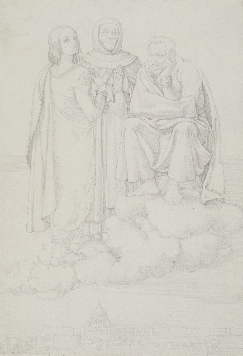 Franz Pforr - Raphael, Fra Angelico and Michelangelo on a Cloud over Rome