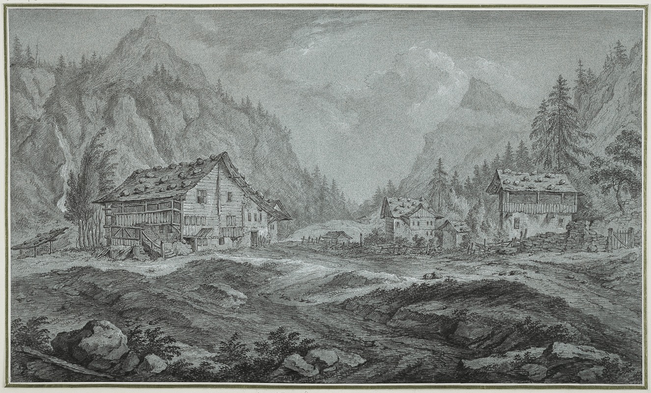 Franz Schütz - Gebirgstal mit Bauernhäusern (Amsteg im Kanton Uri)