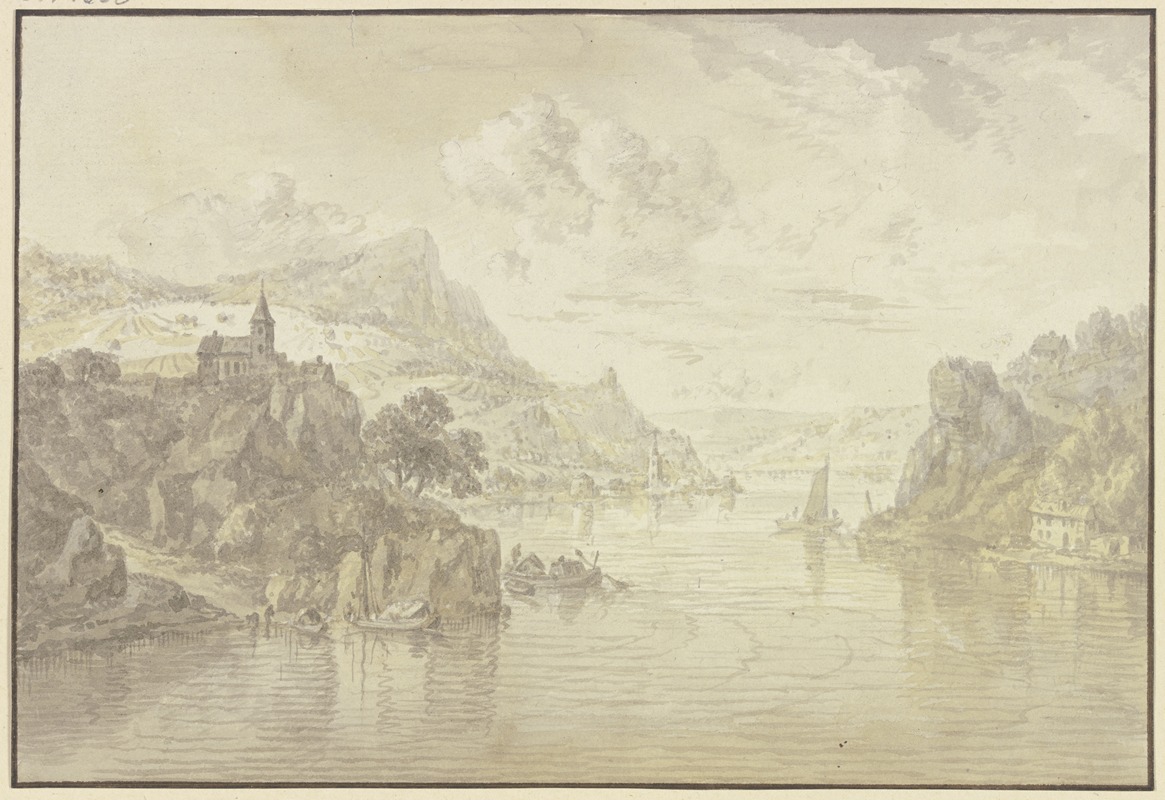 Franz Schütz - Blick in ein Flusstal mit felsigen Ufern, links auf einem Felsen eine Kirche