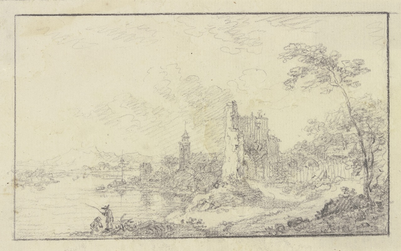 Franz Schütz - Städtchen an einem Fluß mit der Ruine eines Torturmes
