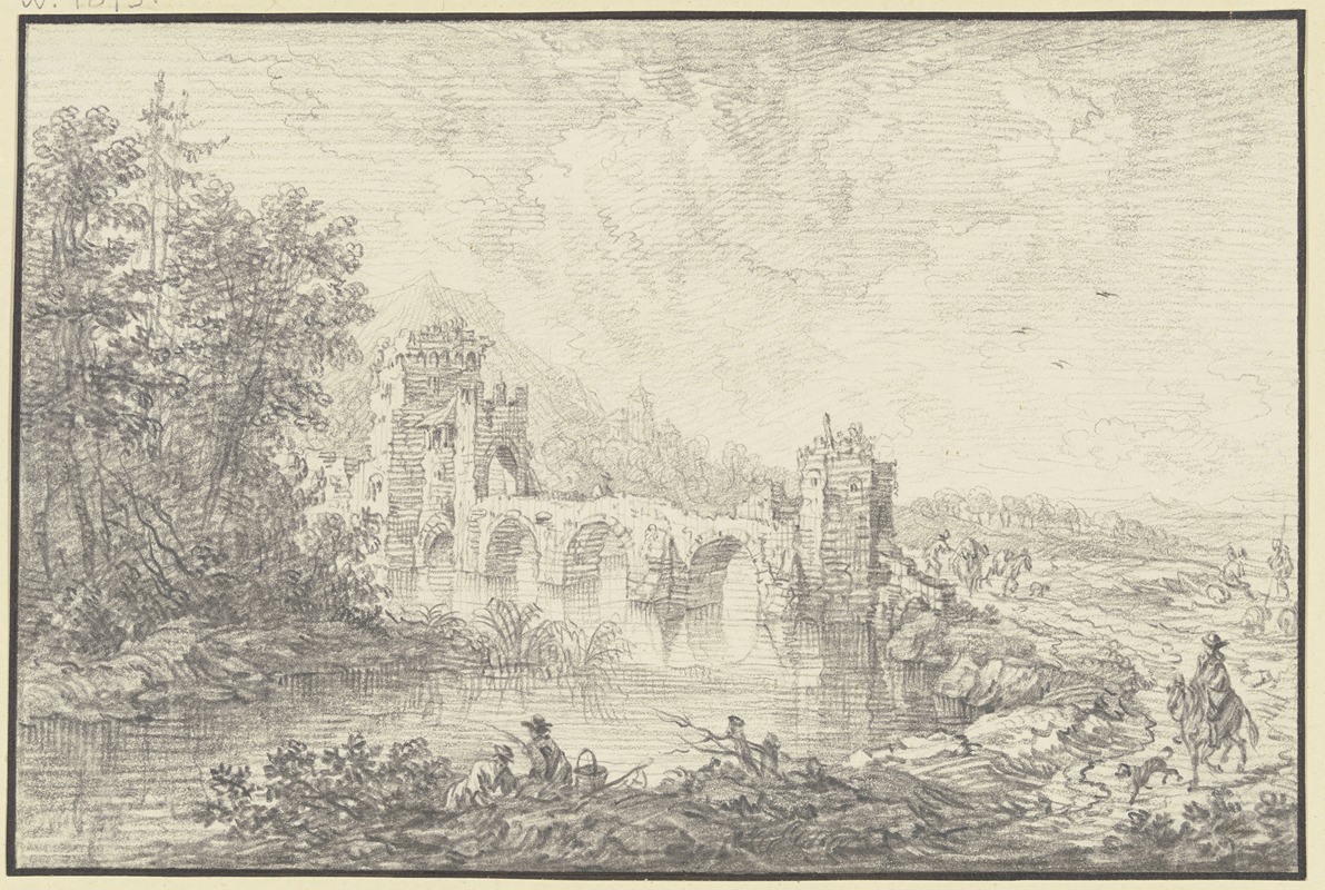 Franz Schütz - Von Türmen flankierte Brücke, im Vordergrund am Fluß ein Angler und ein Reiter
