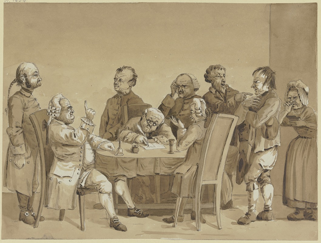 Friedrich Rottmann - Gerichtsszene; Zwei Richter und ein Schreiber an einem Tisch, umgeben von sechs stehenden Personen, den Streitenden und einem Gerichtsdiener
