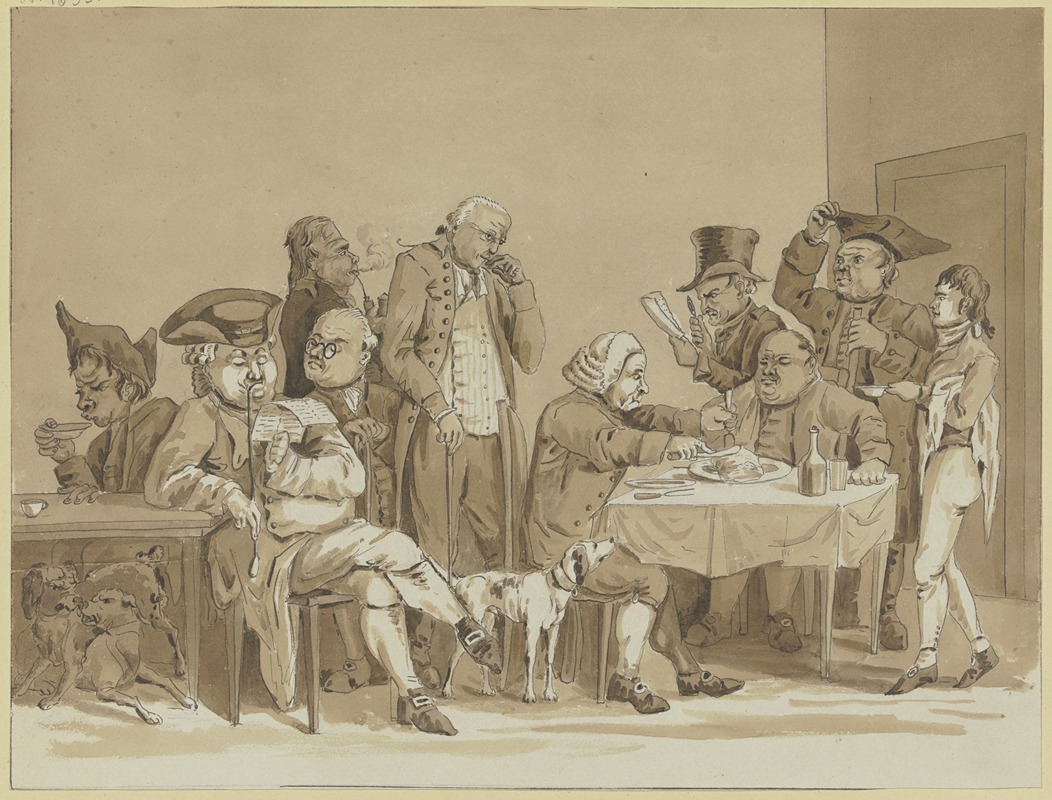 Friedrich Rottmann - Wirtshausszene, rechts eine Gruppe um einen Tisch, links eine Gruppe von weiteren Gästen und mehreren Hunden