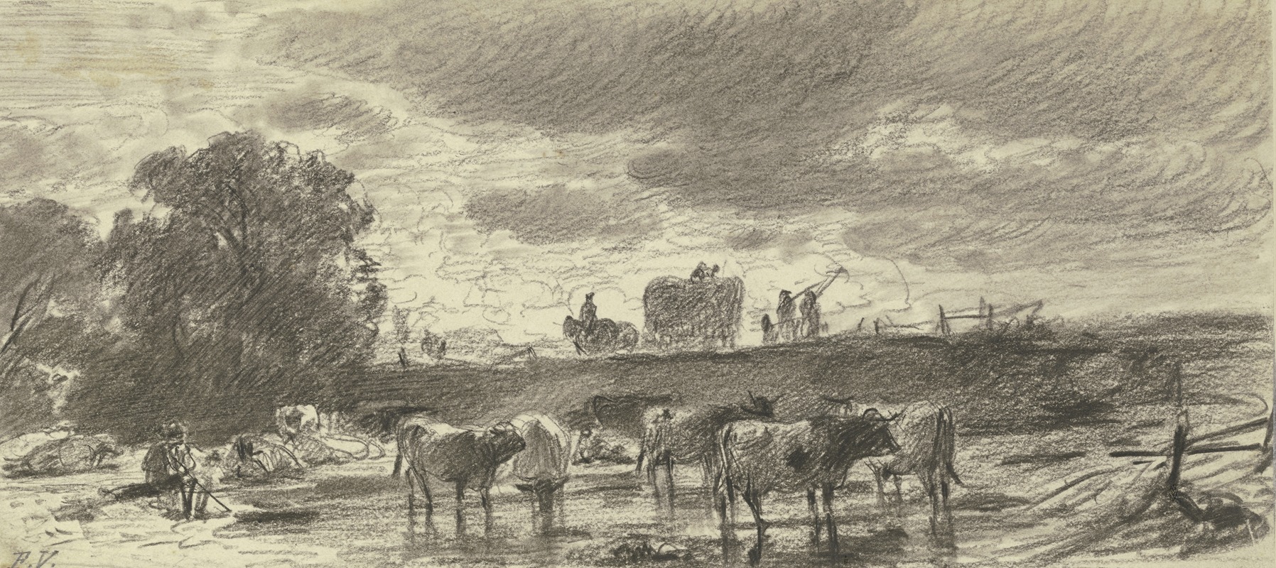 Friedrich Voltz - Landschaft in Gewitterstimmung mit einer Viehherde im Vordergrund und einem Erntewagen am Horizont