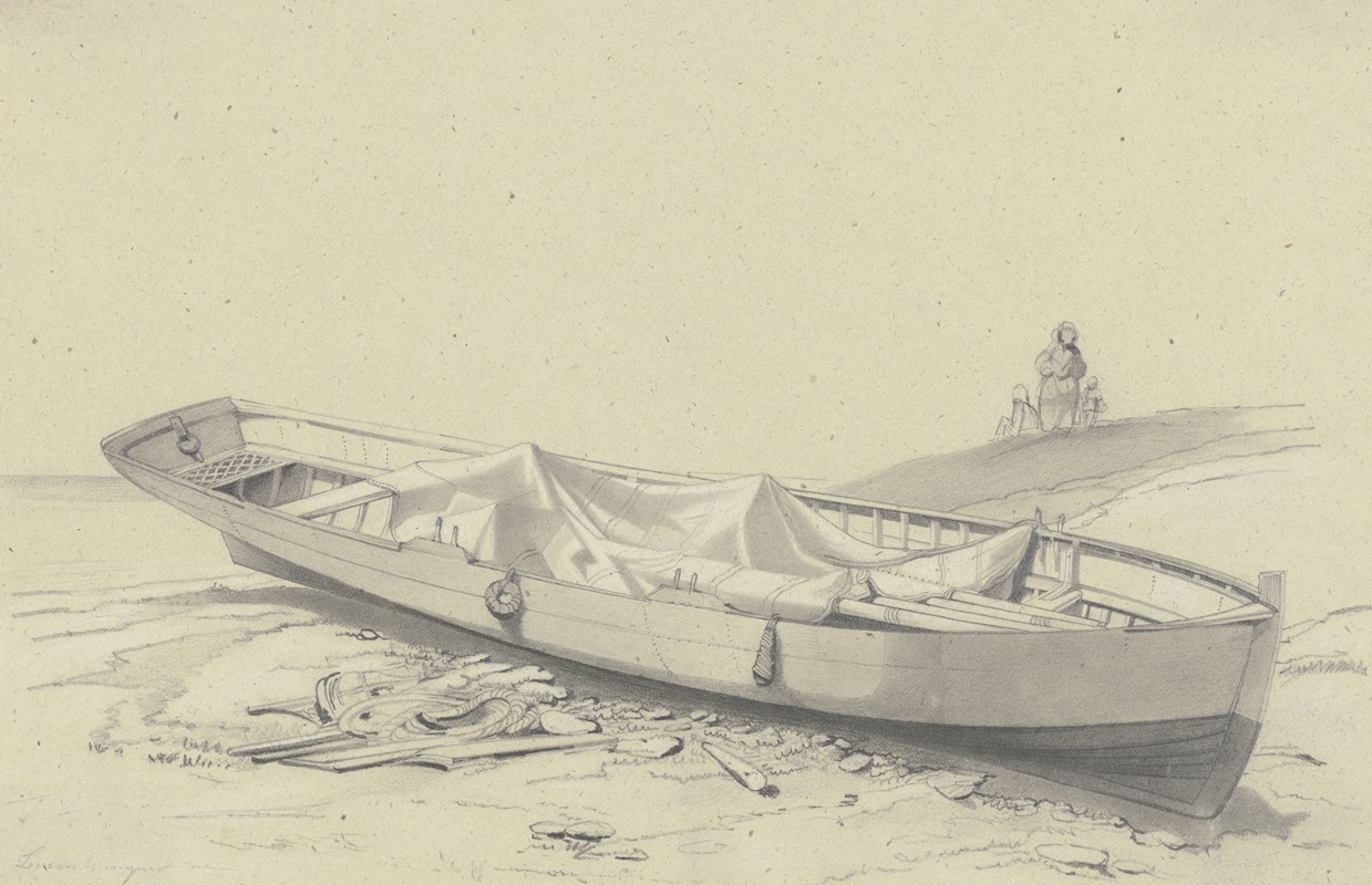 Fritz Bamberger - Ein Boot auf dem Strande liegend, in der Ferne drei Figuren