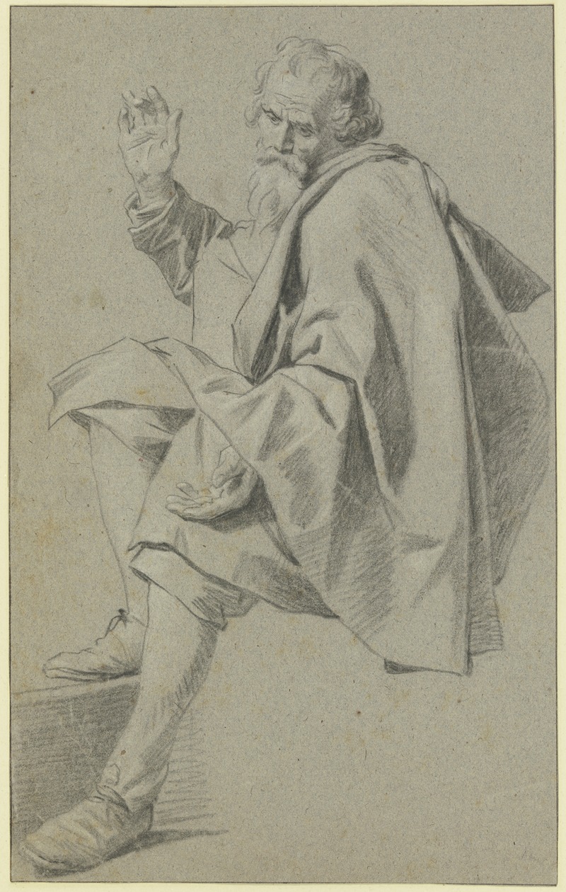 Gabriel Metsu - Bärtiger Mann sitzend nach links, die Rechte mit angewinkeltem Mittelfinger erhoben