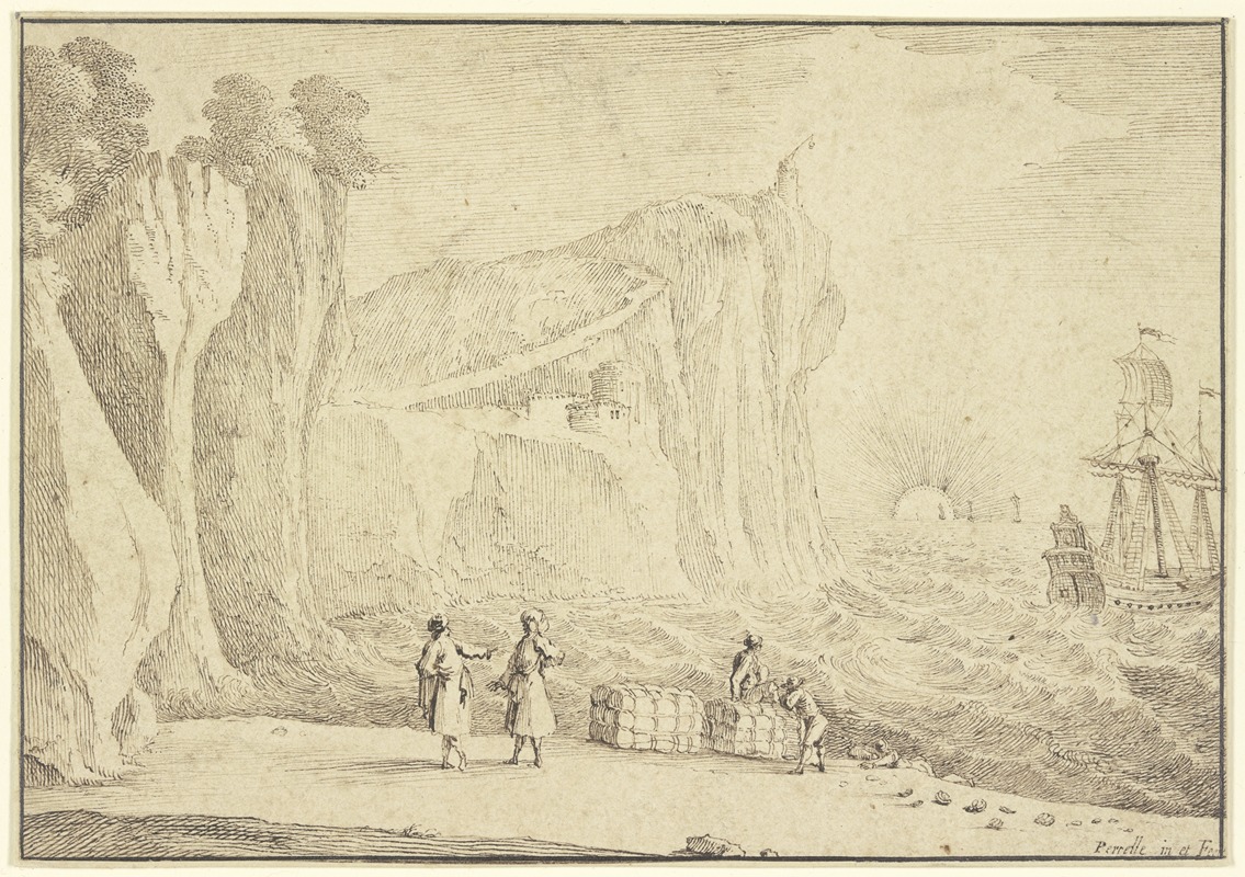 Gabriel Pérelle - Meeresstrand an hohen Felsenufern, auf welchem ein Leuchtturm und ein Schloß stehen, vorne fünf Personen und zwei Warenballen