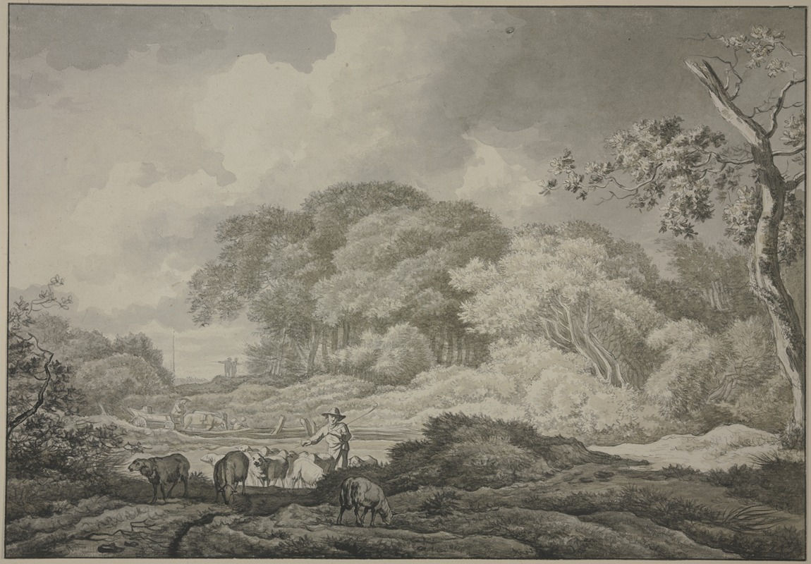 Geerlig Grijpmoed - Baumpartie, vorne eine Schafherde, hinten an einem Zaun ein Wagen mit zwei Pferden
