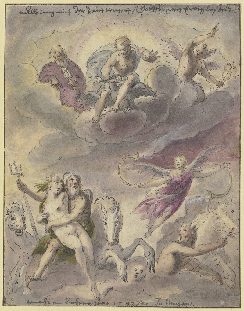 Georg Beham - Neptun und Amphitrite mit Seegöttern, Pferden und der schwebenden Fama, in den Wolken Jupiter, Merkur und ein dritter Gott