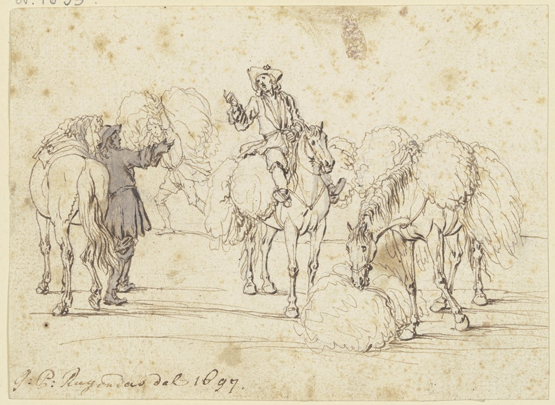 Georg Philipp Rugendas the Elder - Zwei furagierende Reiter mit drei Pferden