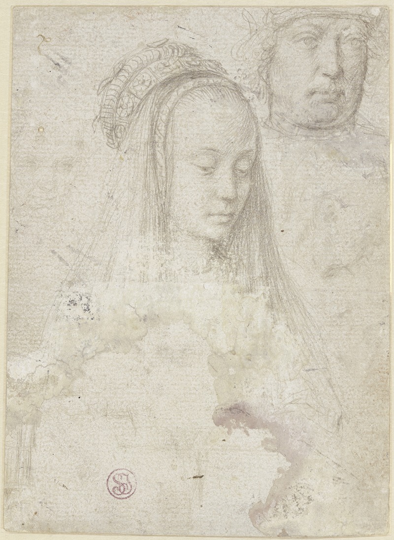 Gerard David - Skizzenbuchblatt mit den Köpfen einer jungen Frau und von vier Männern sowie Skizze einer Stadtsilhouette