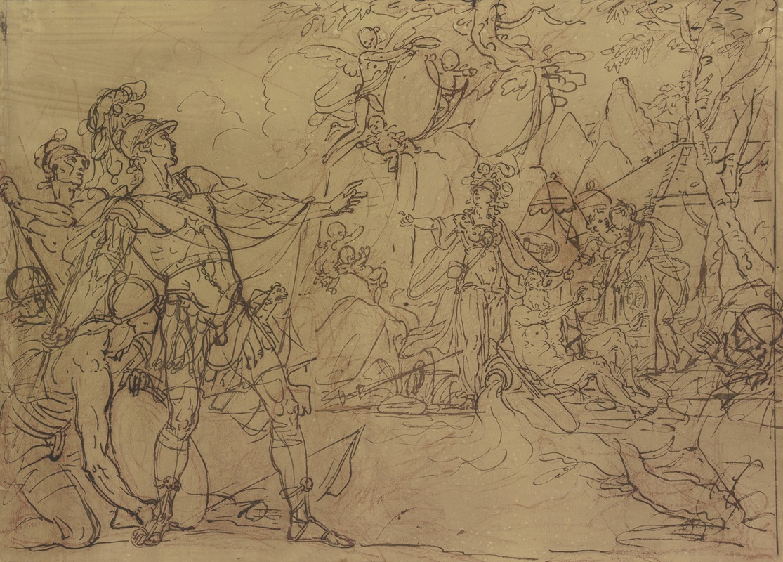 Gerard de Lairesse - Ein junger Krieger ist im Begriff, ein Lager anzugreifen, Minerva verwehrt es ihm, sie ist umgeben von Wappen tragenden Nymphen und Amoretten