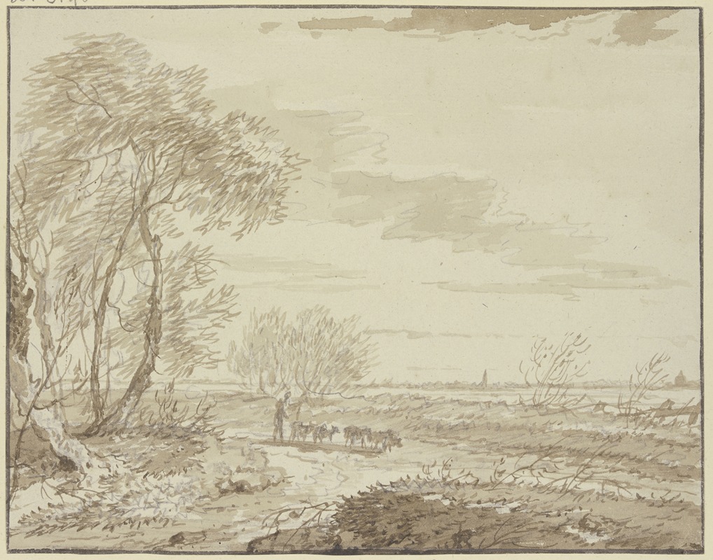 Gerard van Nijmegen - Landschaft mit Fernsicht, links Bäume, auf dem Weg eine Schafherde