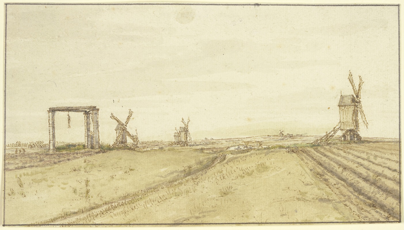 Gillis Neyts - Flache Landschaft mit Windmühlen und Galgen