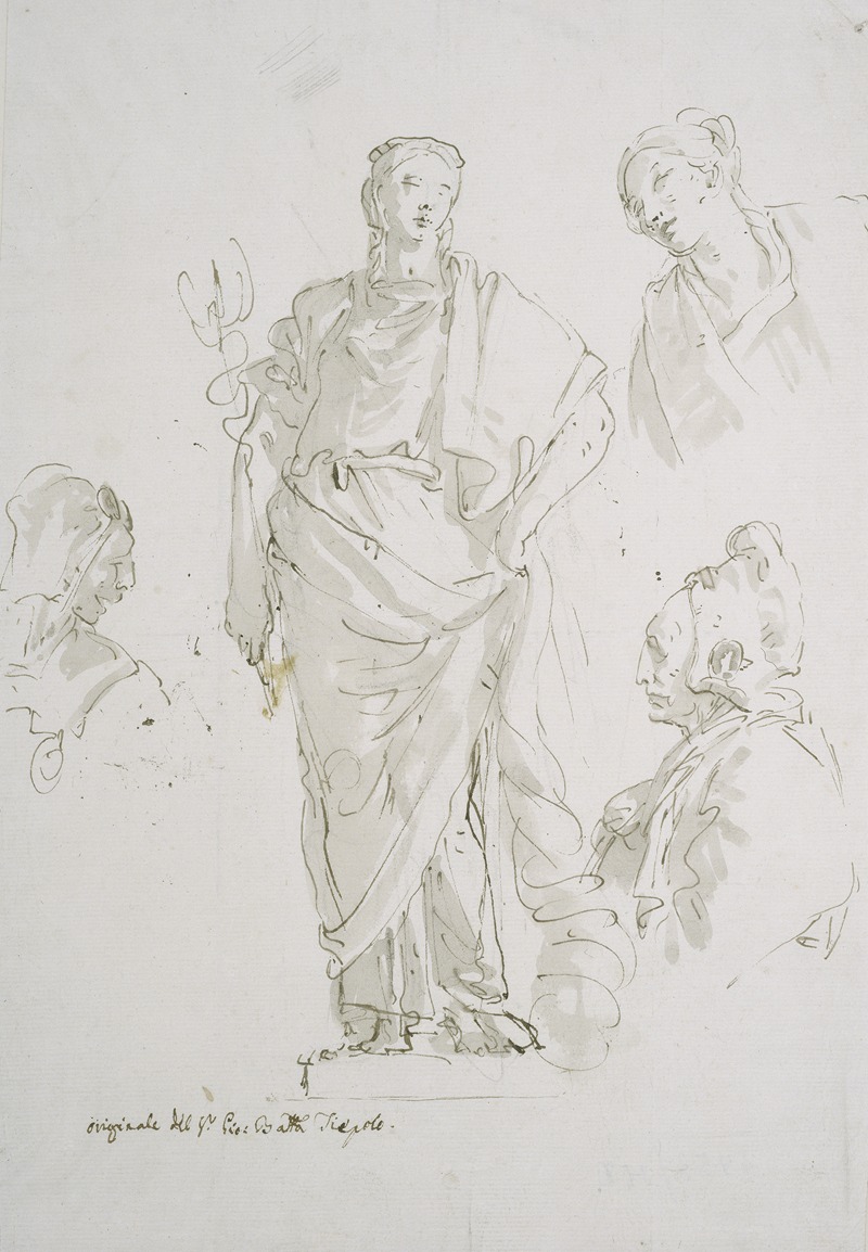 Giovanni Battista Tiepolo - Standing female figure on a pedestal and three studies of heads