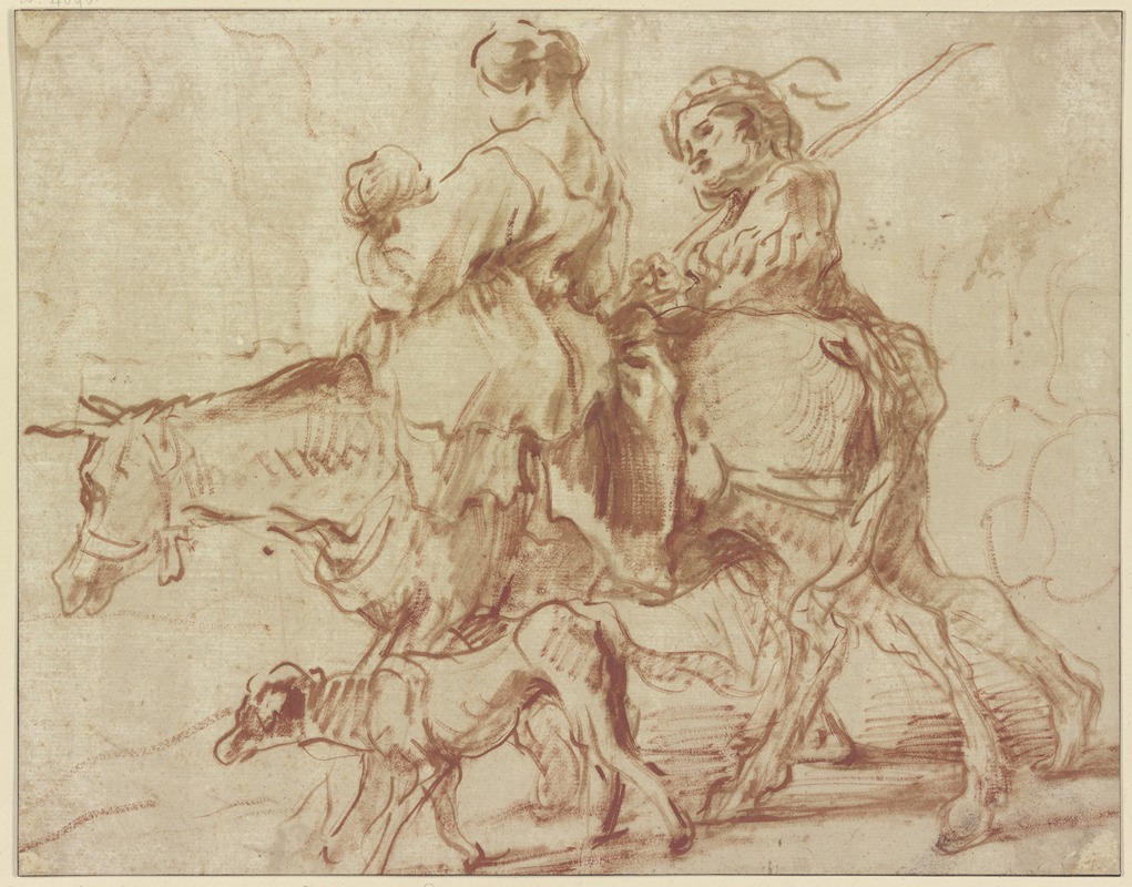 Giovanni Benedetto Castiglione - Frau mit Kind auf einem Esel reitend, ein junger Mann zu Fuß nebenher gehend