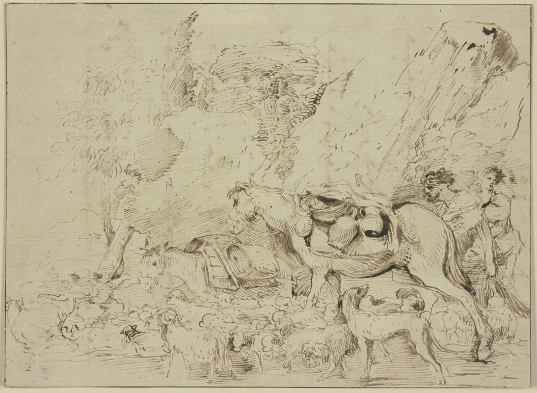 Giovanni Benedetto Castiglione - Hirten mit Pferd, Esel und Schafherde in einer Felsenlandschaft