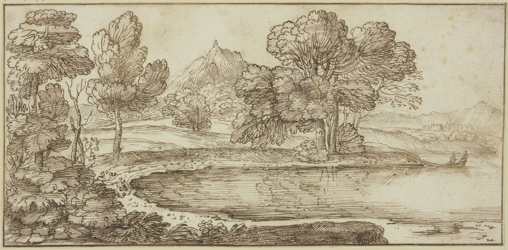 Giovanni Francesco Grimaldi - Baumpartie am Wasser, rechts Kahn mit zwei Figuren