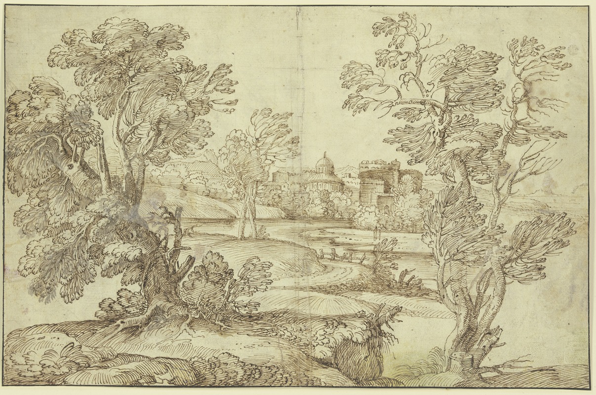 Giovanni Francesco Grimaldi - Landschaft mit Wasser, Baumgruppen und Gebäuden