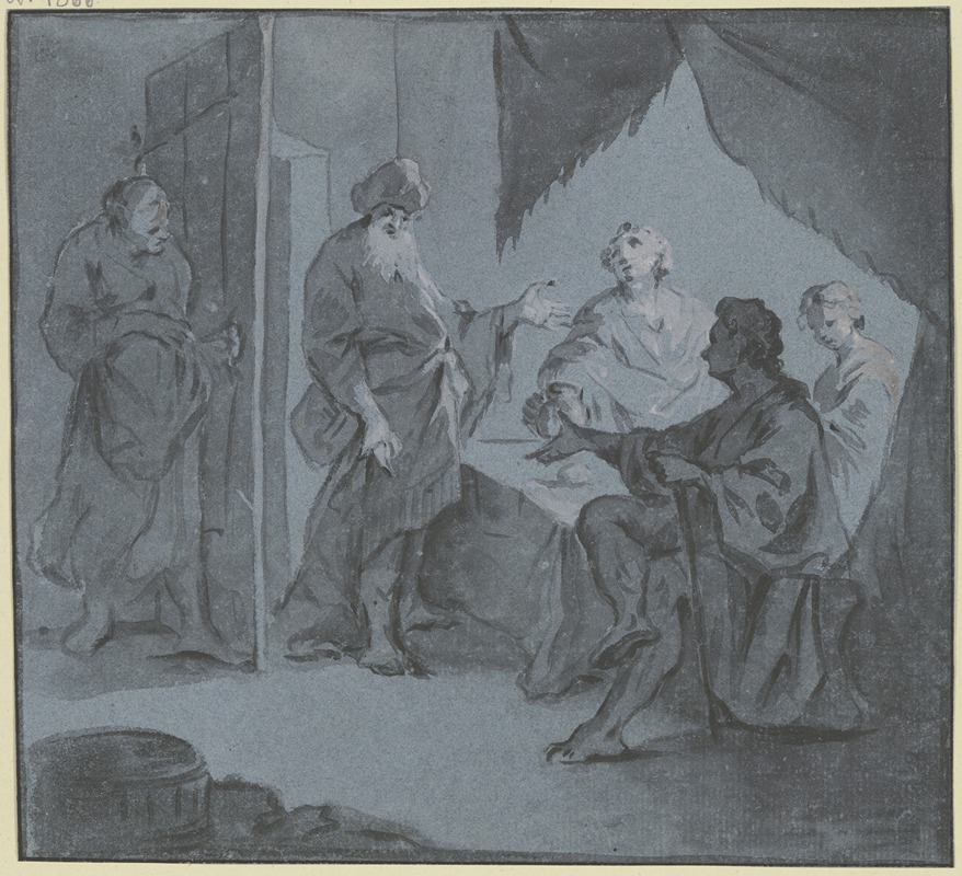Gottlieb Welté - Abraham bewirtet die drei an einem Tisch sitzenden Engel, links an der Tür lauscht Sara