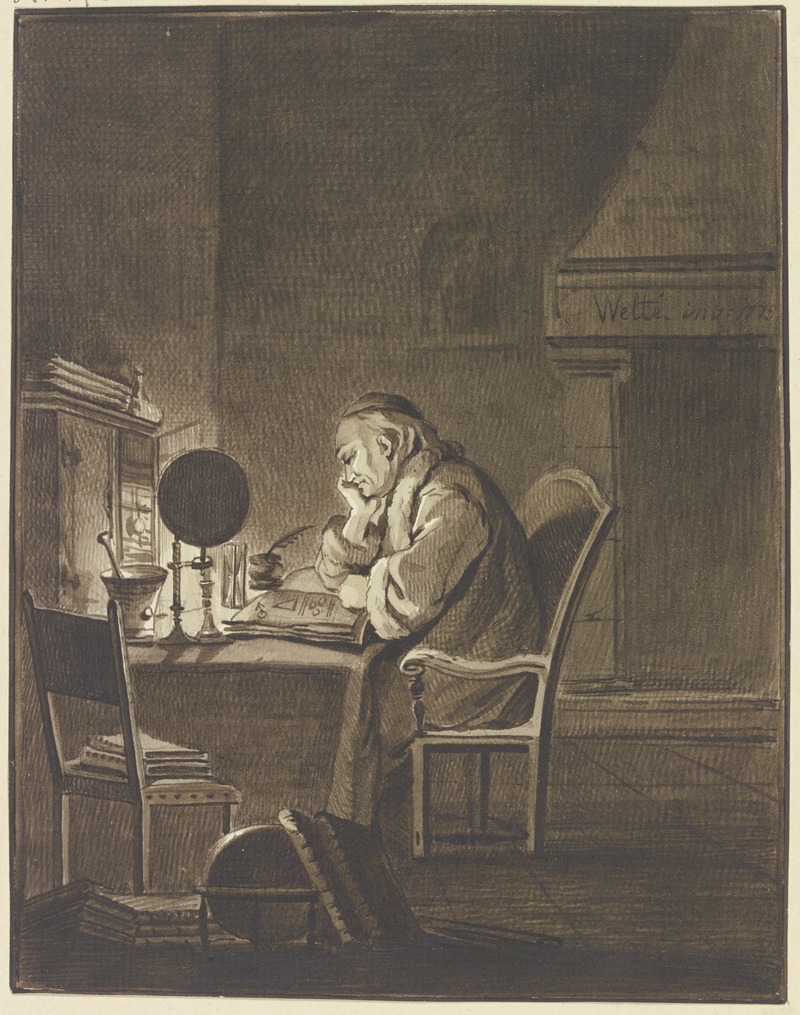 Gottlieb Welté - Ein Gelehrter am Tisch sitzend, bei Lampenlicht lesend