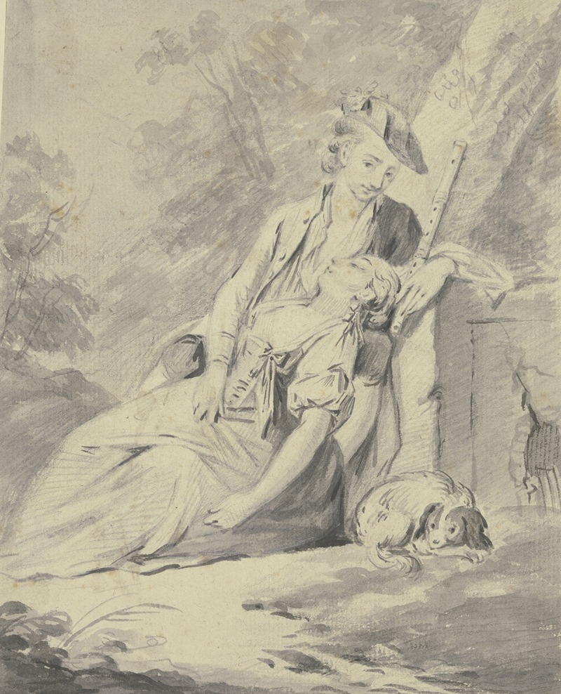 Gottlieb Welté - Ein Schäfer und eine Schäferin mit einem Hund lagern unter Bäumen