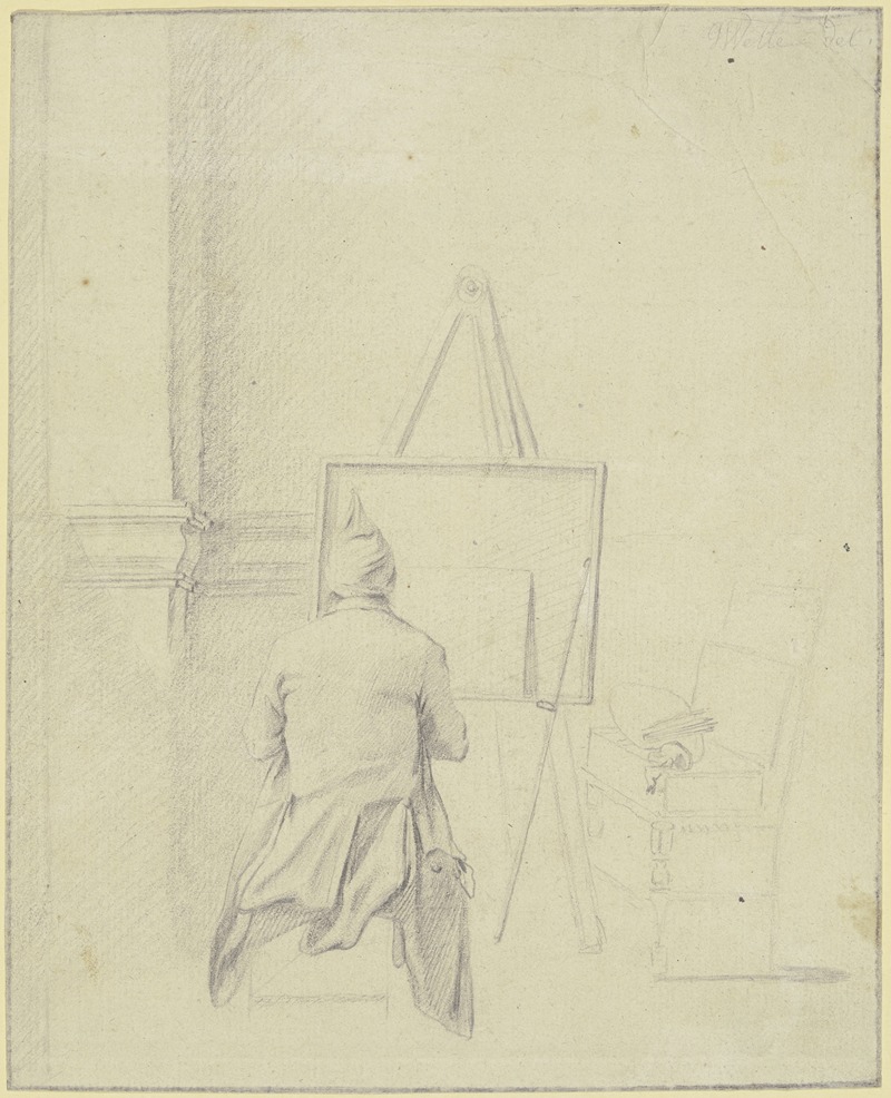 Gottlieb Welté - Maler mit Zipfelmütze, vom Rücken gesehen, vor der Staffelei sitzend