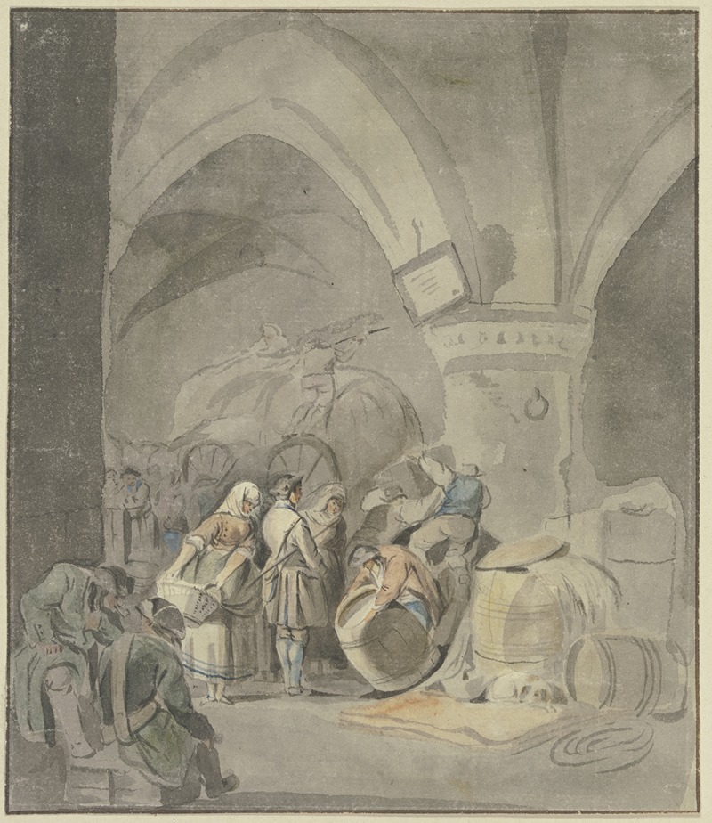 Gottlieb Welté - Soldaten und Marketenderinnen in einem Gewölbe mit Fässern und Kisten