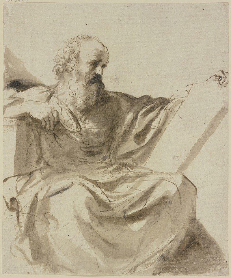 Guercino - Bärtiger sitzender Prophet, auf einer Tafel lesend, Kniestück nach rechts
