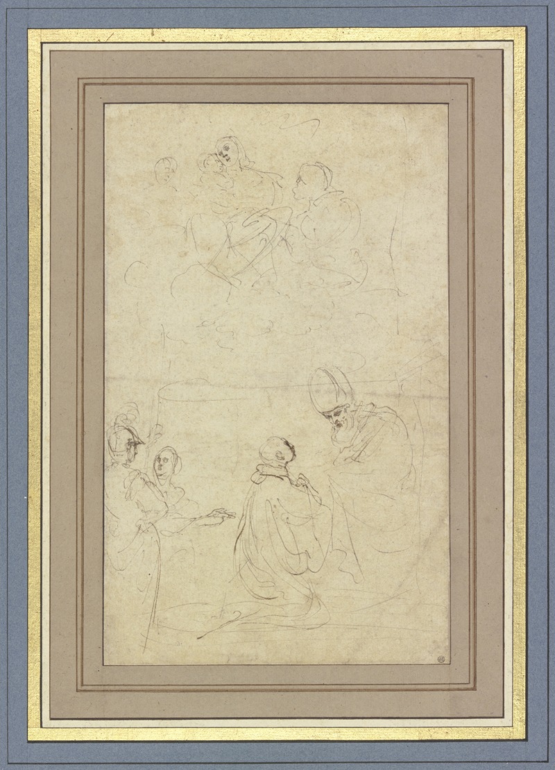 Guercino - Die Muttergottes in Wolken, unten ein Geistlicher vor einem Bischof kniend, links ein Krieger und eine Frau