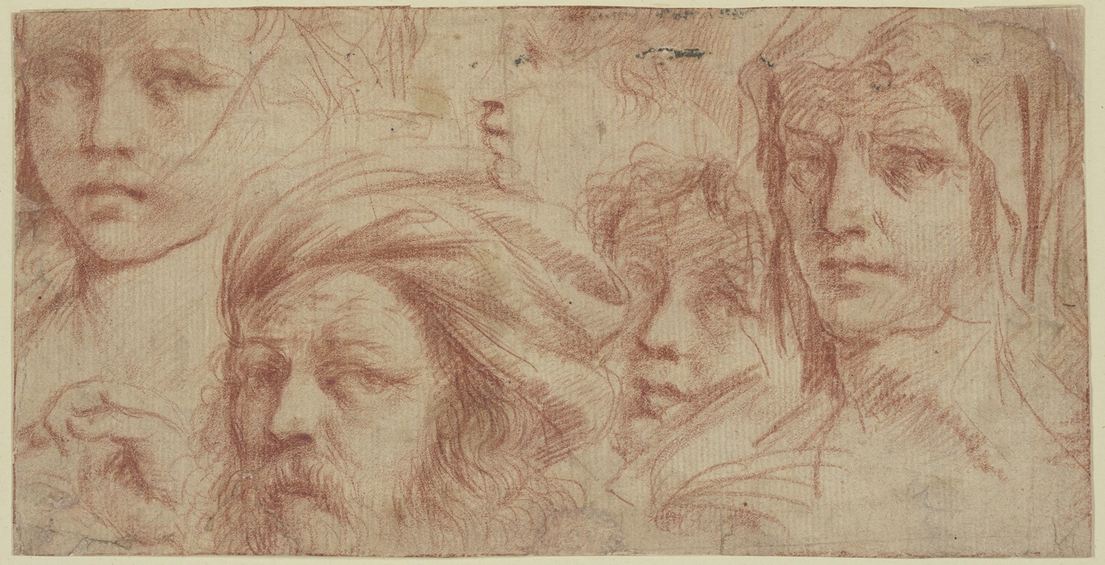 Guercino - Fünf verschiedene Köpfe, einer davon mit Turban, vier davon den Blick nach rechts gerichtet