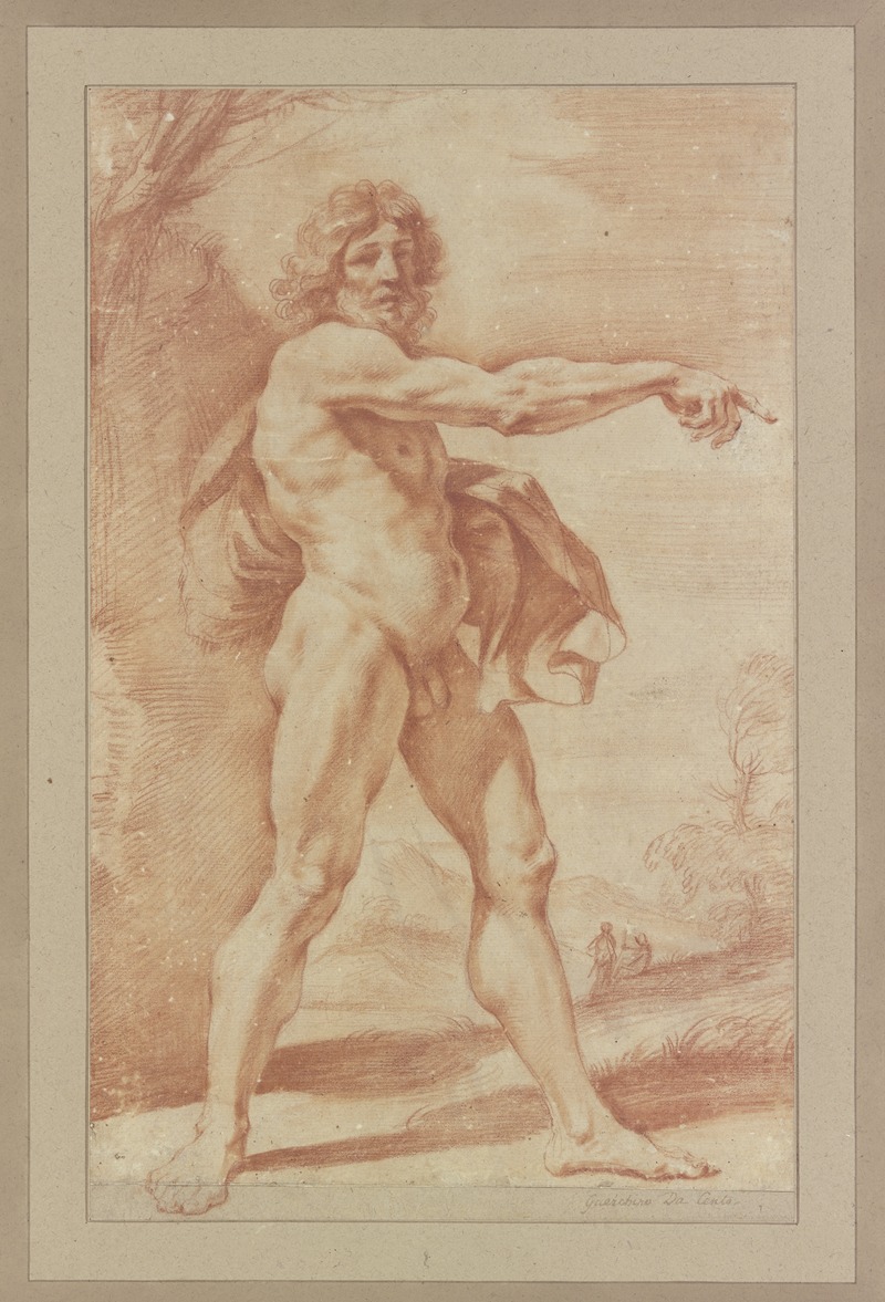 Guercino - Nackter Mann, ein Gewand unter dem Arm tragend, nach rechts zeigend