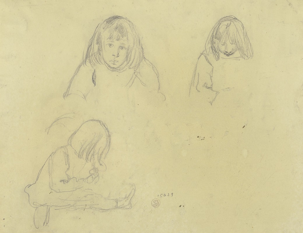 Gustav Schraegle - Studienblatt; Mädchen mit schulterlangem Haar, zweimal als Brustbild von vorn, einmal sitzend von der Seite