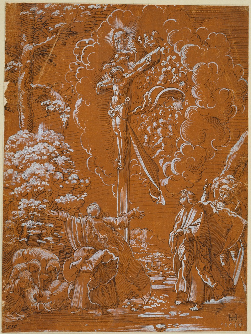 Hans Mielich - Der gekreuzigte Christus, Gottvater und der Heilige Geist in einer Landschaft mit Assistenzfiguren