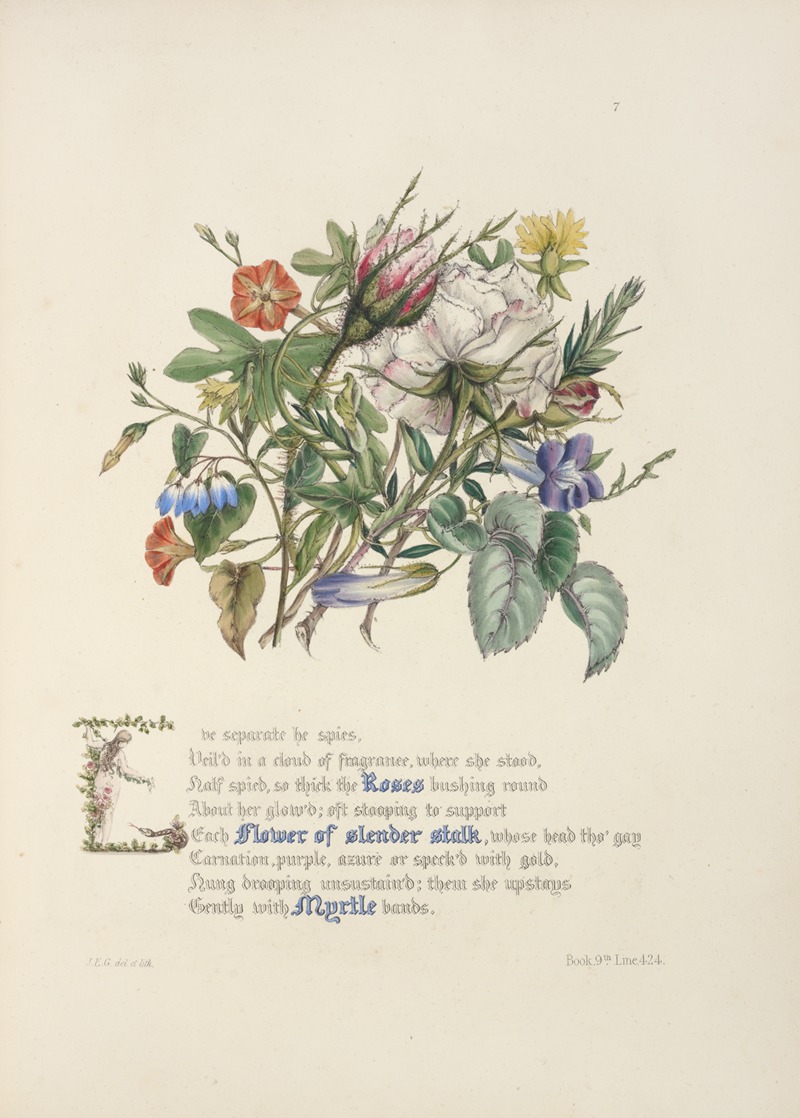 Jane Elizabeth Giraud - Roses flowers of slender stalk, myrtle